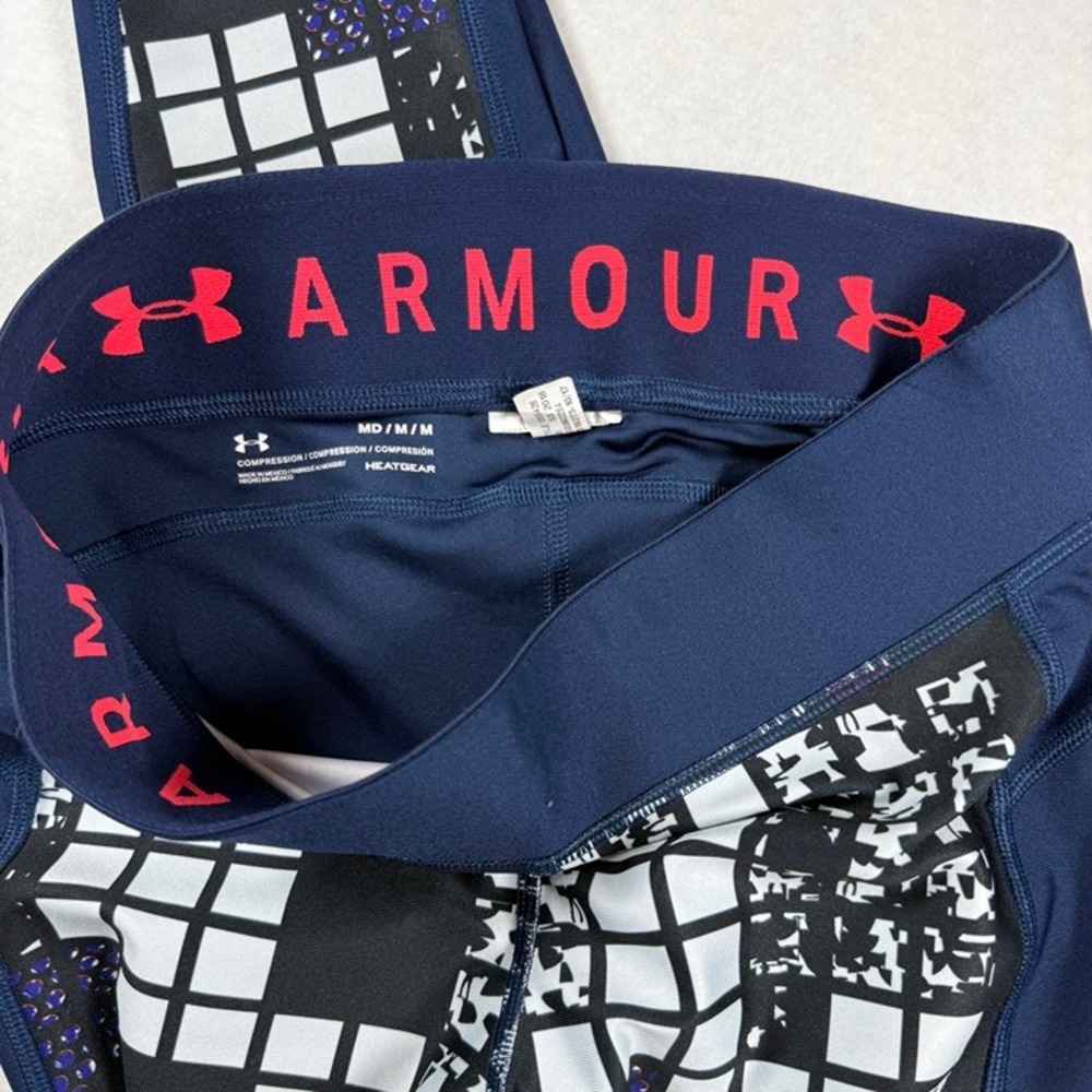 Under Armour HeatGear Compression Leggings Medium Navy Blue Geometric Grid Print - Picture 10 of 11